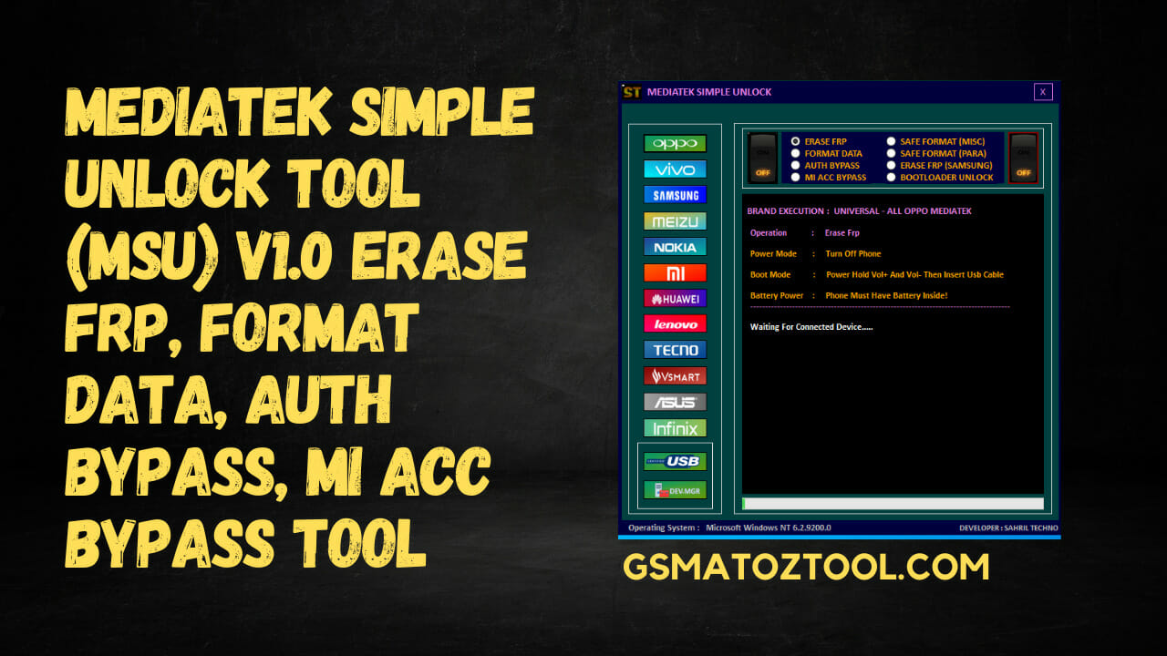 Mediatek Simple Unlock Tool (MSU) V1.0 All in One MTK FRP, Flash, Pattern Unlock Tool
